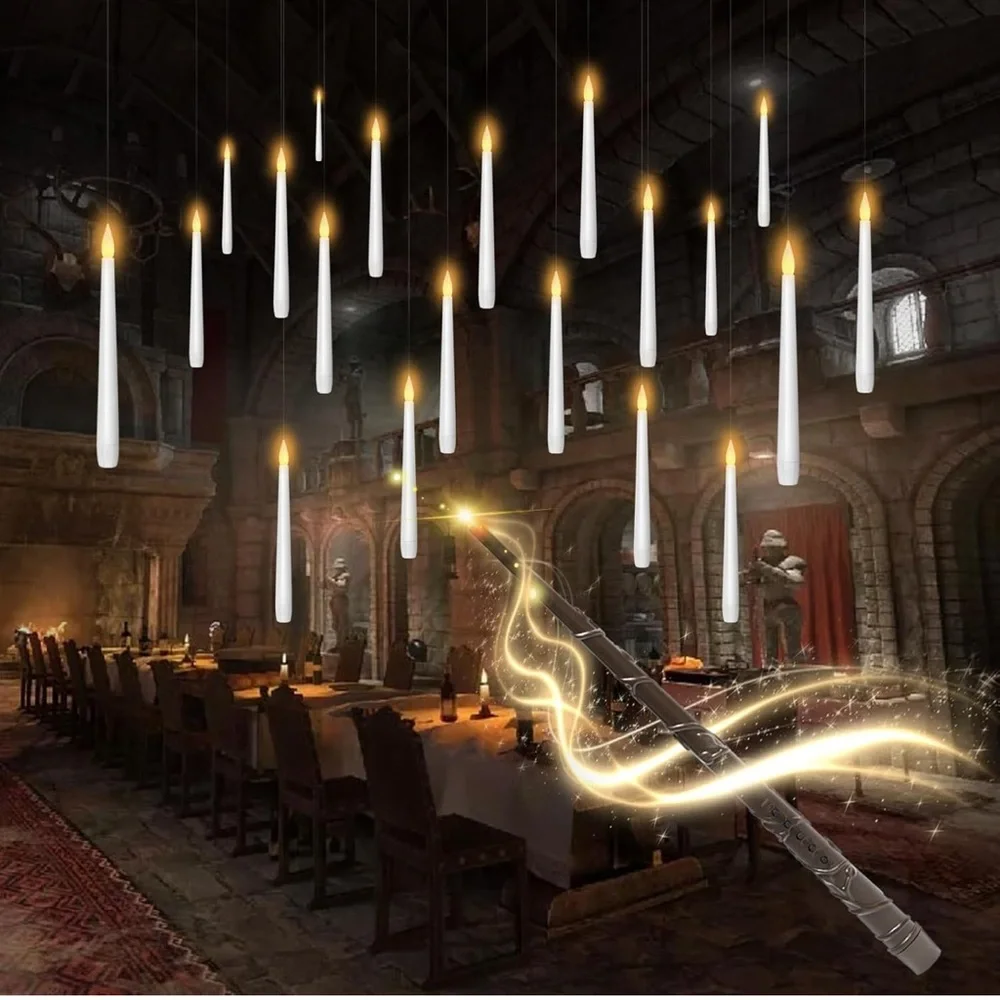 Flameless Floating Candles with Wand，20 Pcs Magic LED Hanging Taper Candles